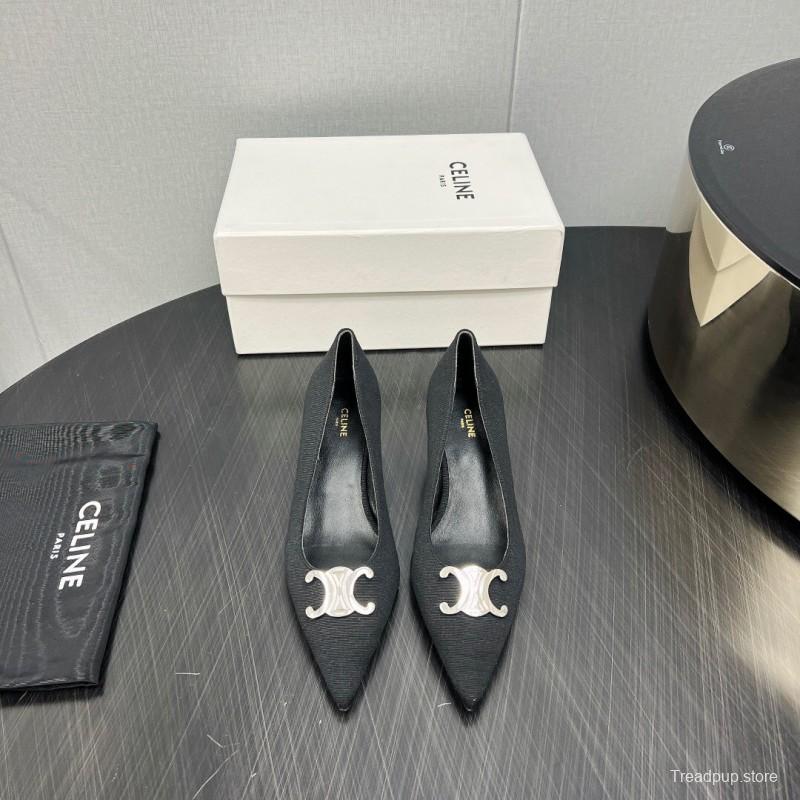 2025 Women Celine Black Fabric Pointed Toe Metal Buckle Pumps