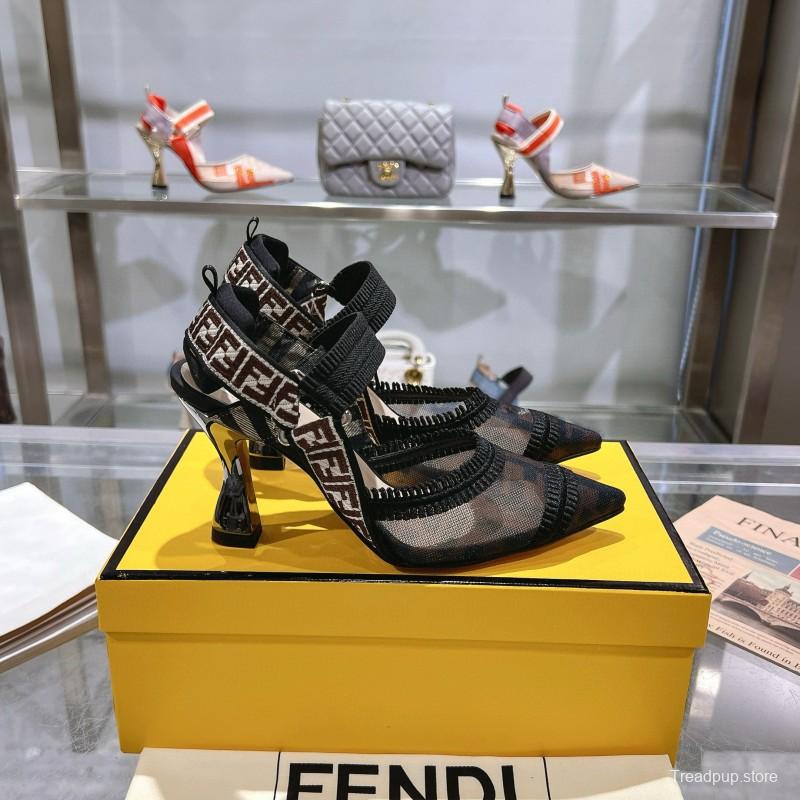 2025 Women Fendi Black Beige Mesh Leather Heels MJ00280
