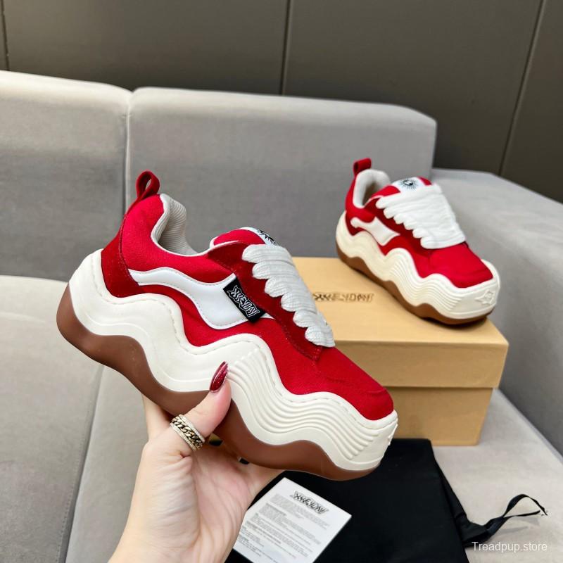 2025 Women HEYDAY Red White Canvas Leather Wave Sneakers