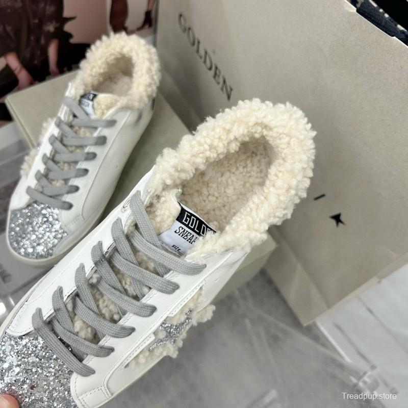 2025 Women GGDB White Gray Shearling Leather Sneakers