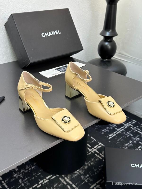2025 Women CHANEL Beige Lambskin Mid Heel Ankle Strap Square Toe Pumps