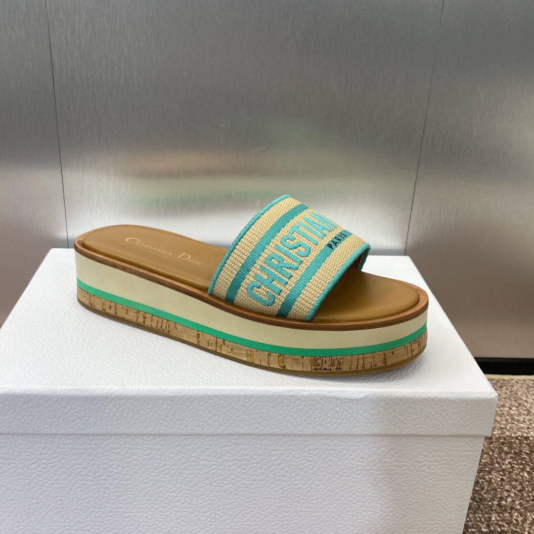 2025 Women Dior Blue Beige Fabric Leather Platform Slide Sandals