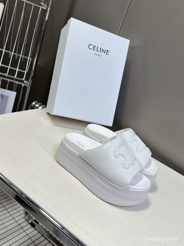 2025 Women Celine White Leather Slippers LY00240