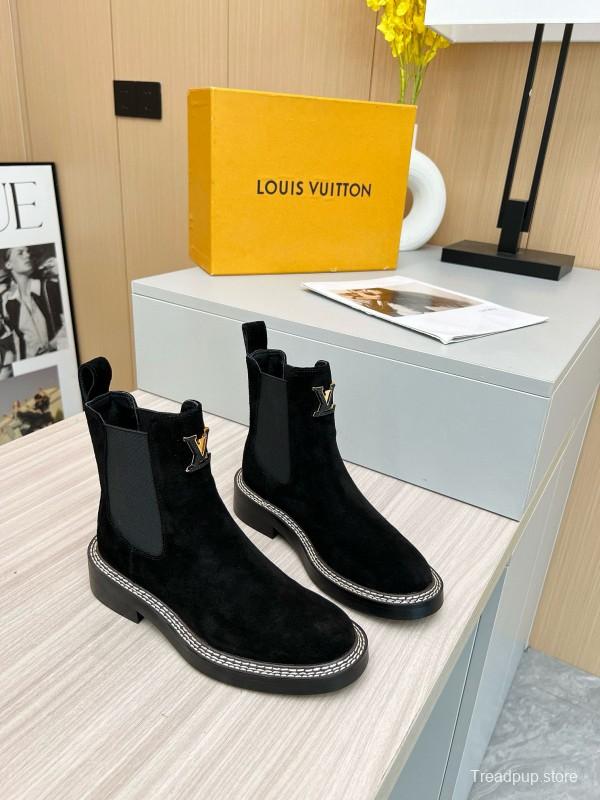 2024 Women Louis Vuitton Black Calf Suede Chelsea Boots MJ00340