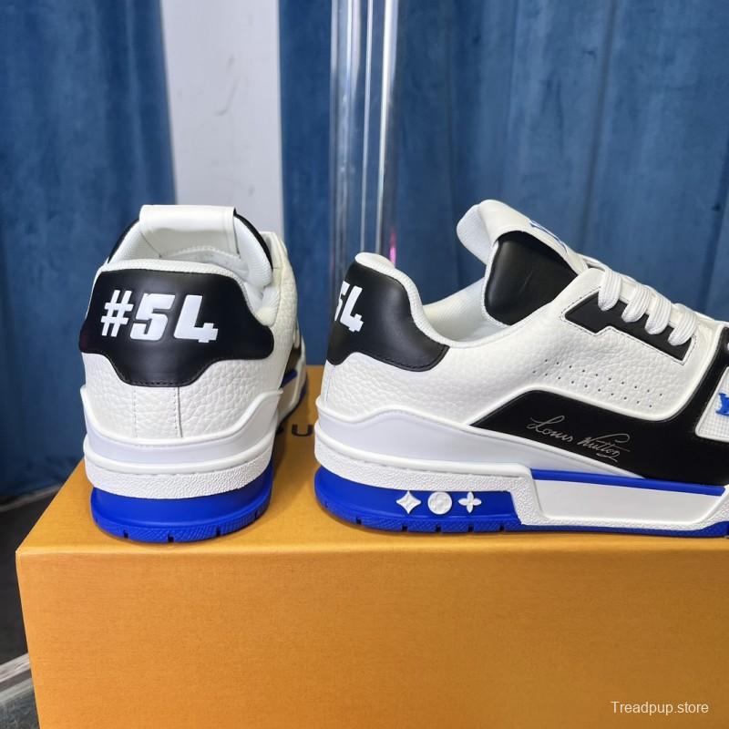 2025 Unisex Louis Vuitton Black White Blue Leather Plimsolls Stitching LV Trainer