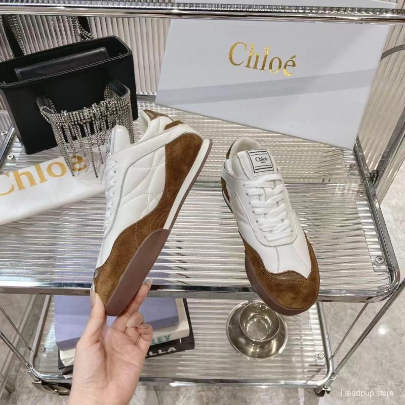 2025 Women Chloé White Brown Leather Suede Sneakers LY00300