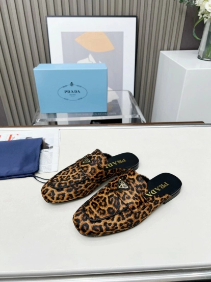 2025 Women Prada Leopard Calf Hair Slippers LY00260