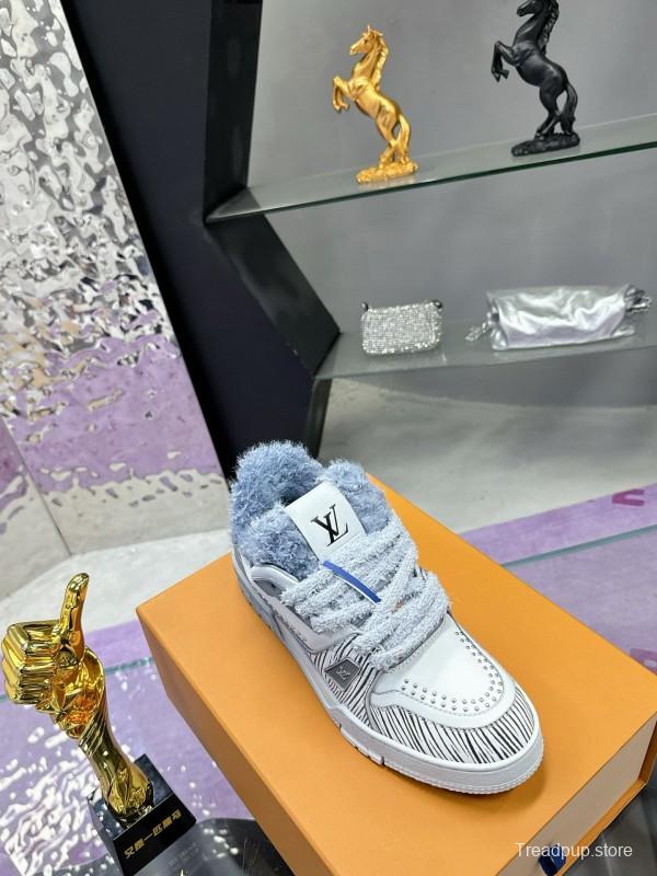 2024 Women Louis Vuitton White Grey Leather Fur Sneakers