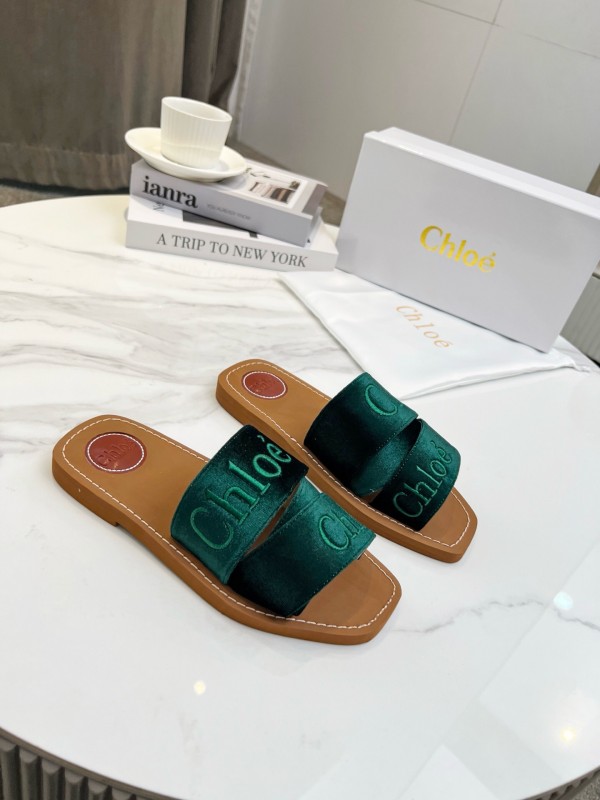 2025 Women Chloé Green Velvet Slippers