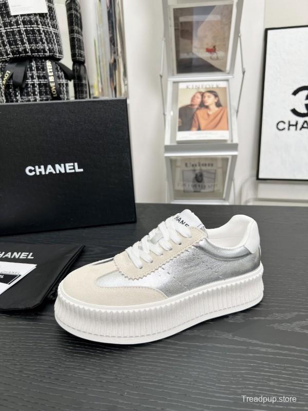 2025 Women Chanel White Silver Suede Leather Sneakers LY00270