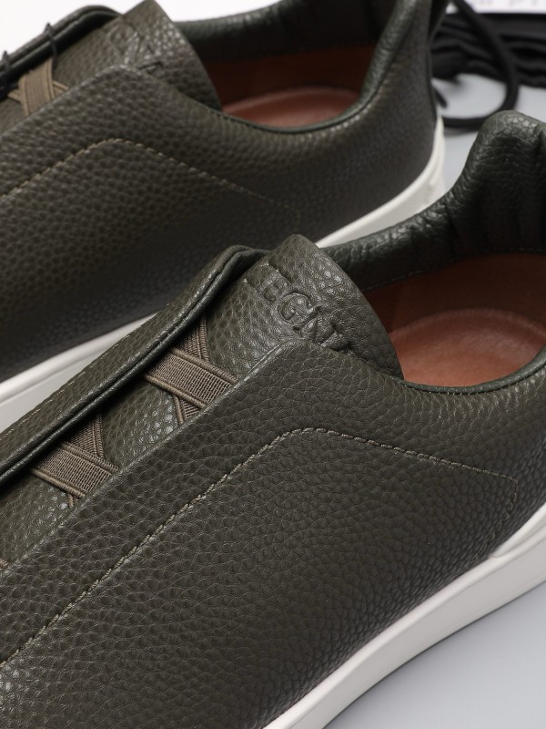 2024 Men Ermenegildo Zegna Dark Green Leather Sneakers MJ00240