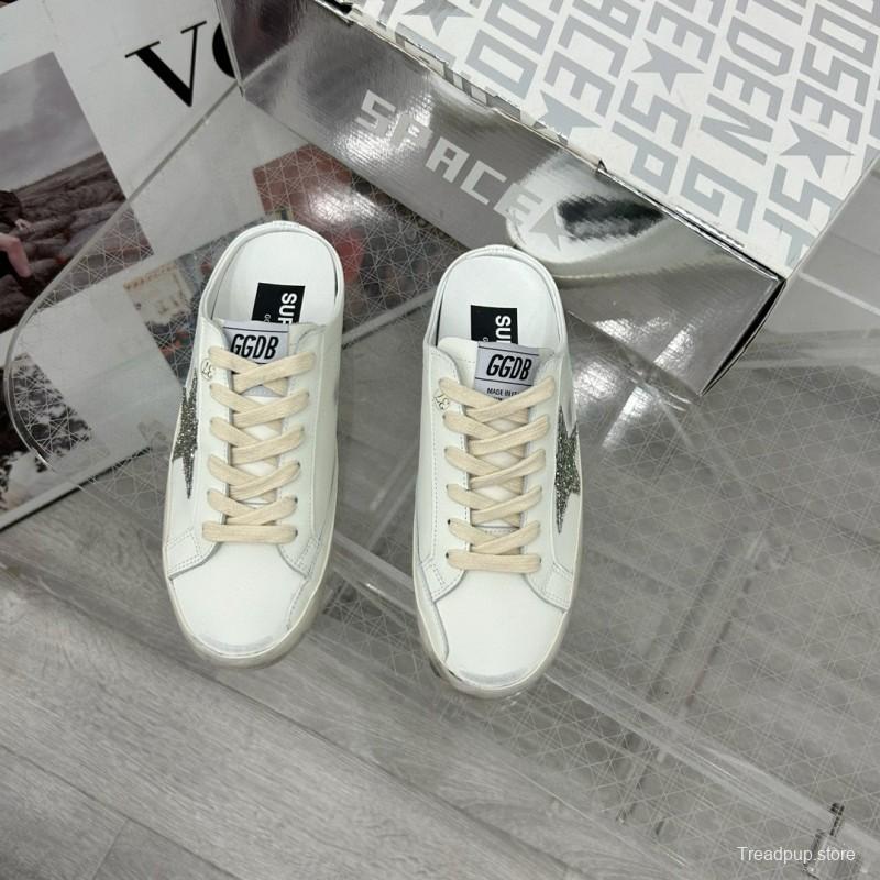 2025 Women GGDB White Silver Leather Suede Star Mules