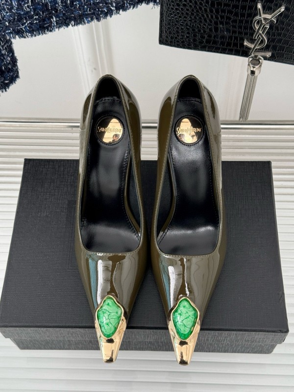 2024 Women Yves Saint Laurent Olive Green Patent Leather High Heel Gemstone MJ00330