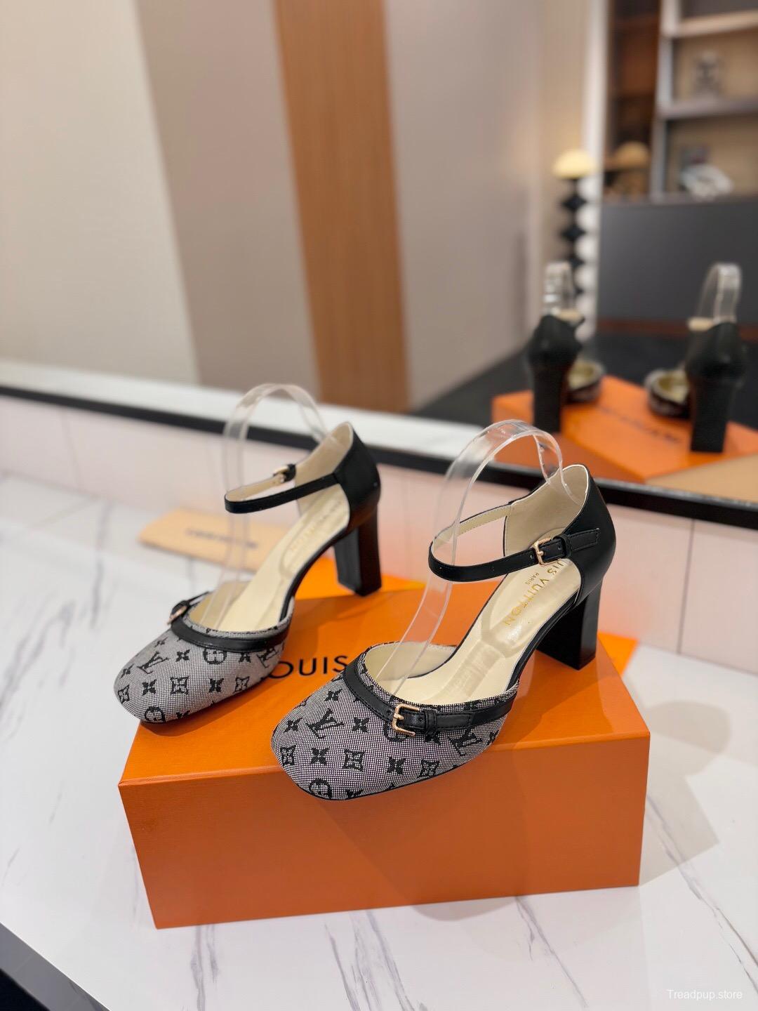 2025 Women Louis Vuitton Grey Black Denim Leather Heeled Sandals KFY00310