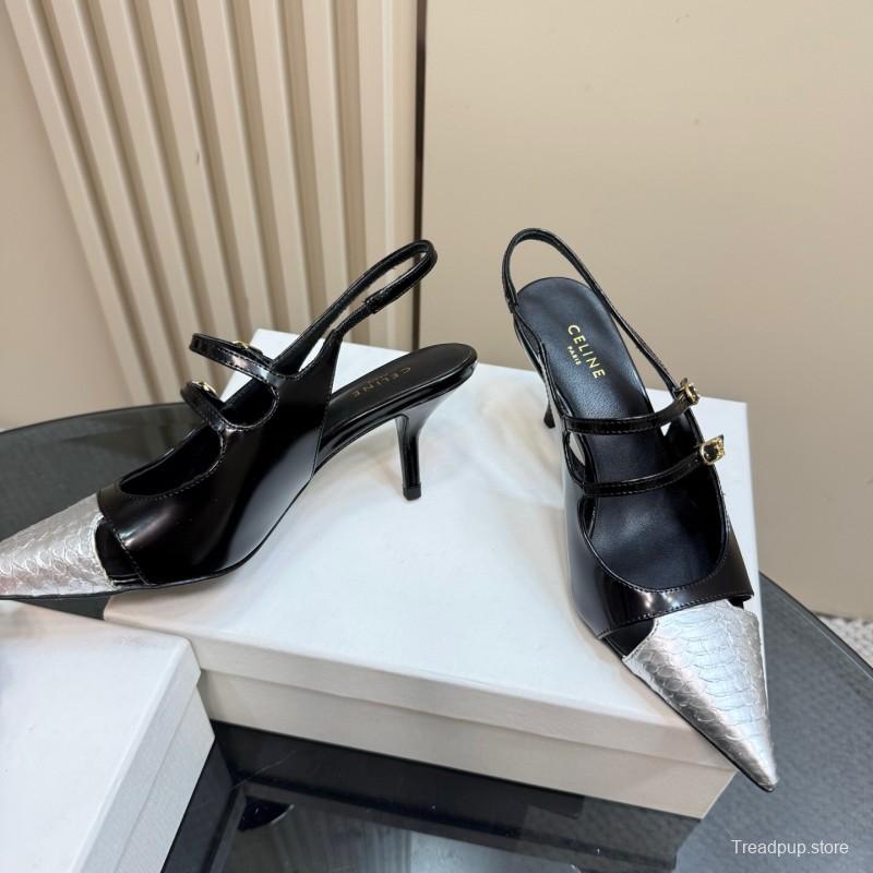 2025 Women Celine Black White Leather Pointed Toe Kitten Heel KFY00310