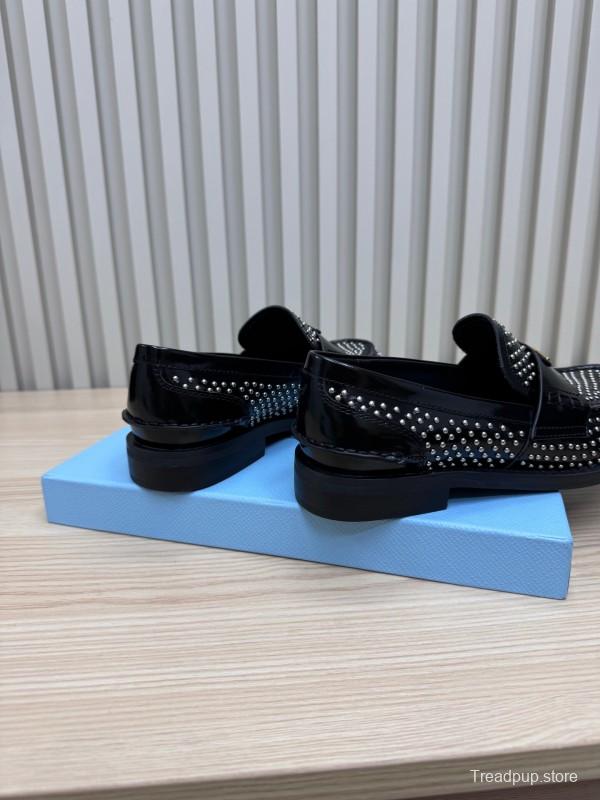 2025 Women Prada Black Leather Loafers Studded LY00340
