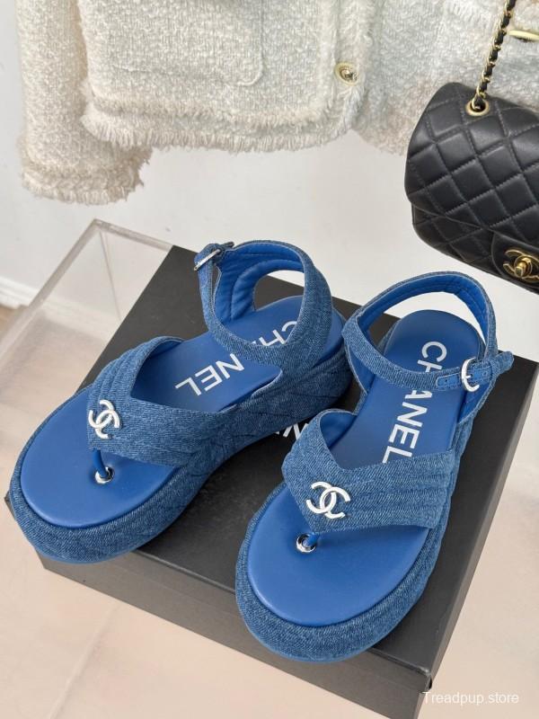 2025 Women Chanel Blue Denim Leather Platform Sandals KFY00260