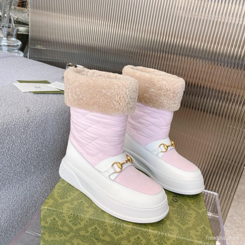 2024 Women Gucci Pink White Leather Shearling Snow Boots