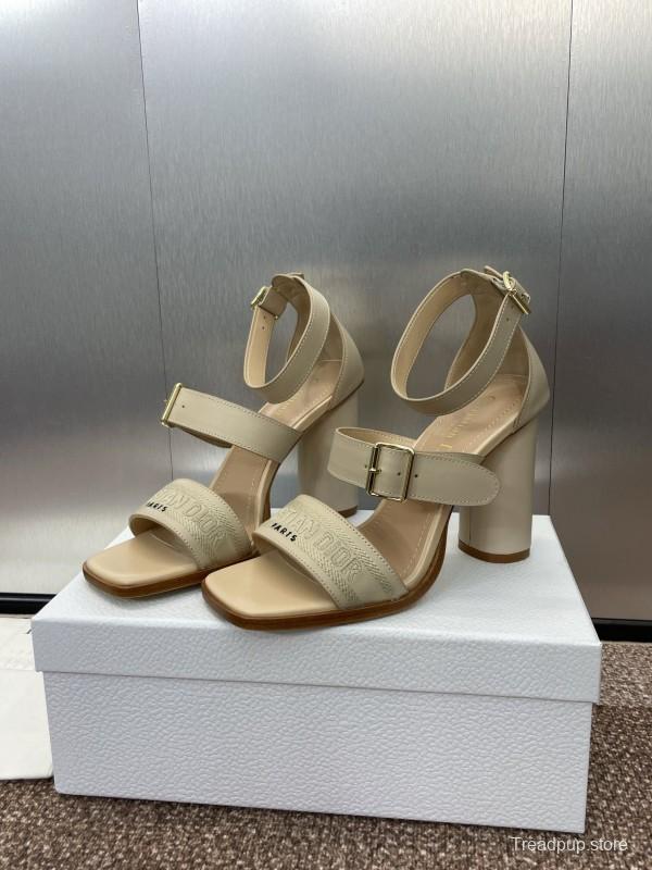 2025 Women Dior Beige Leather Sandals Buckle Strap High Heel