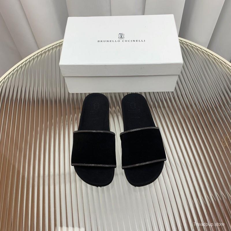 2025 Women BRUNELLO CUCINELLI Black Imported Suede Flat Sandals Handcrafted Beaded Chain Decoration KFY00240(F)