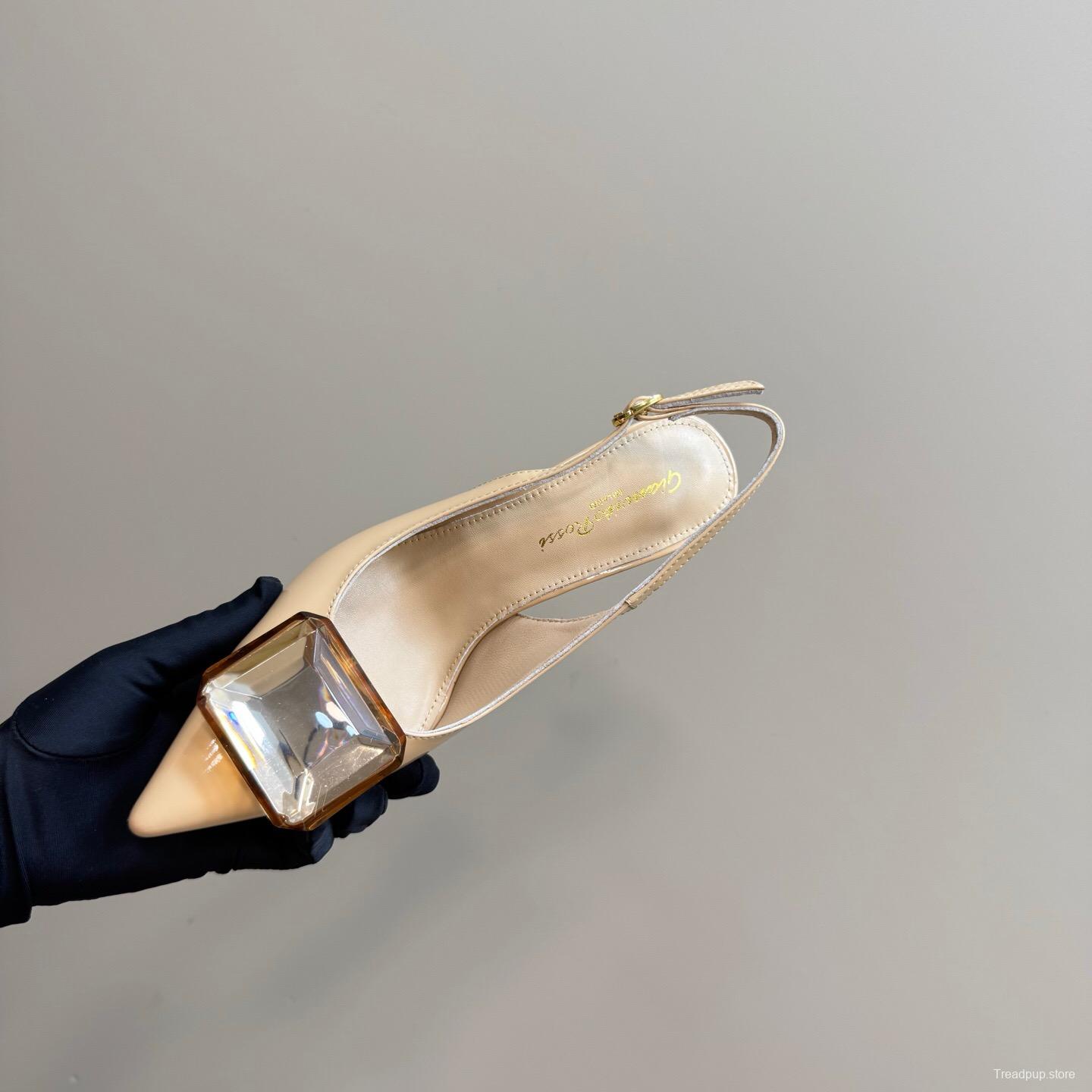 2025 Women Gianvito Rossi Beige Patent Leather Slingback High Heel Gemstone KFY00300