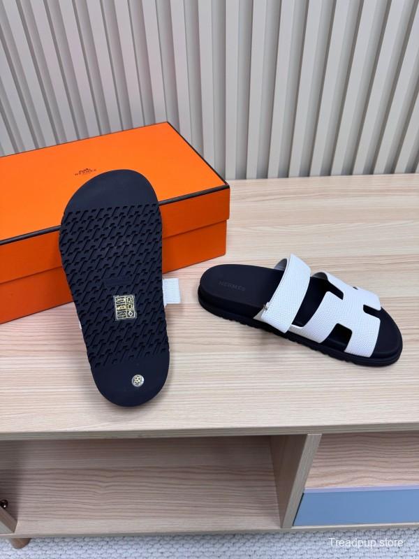 2025 Women Hermès White Black Leather Slippers