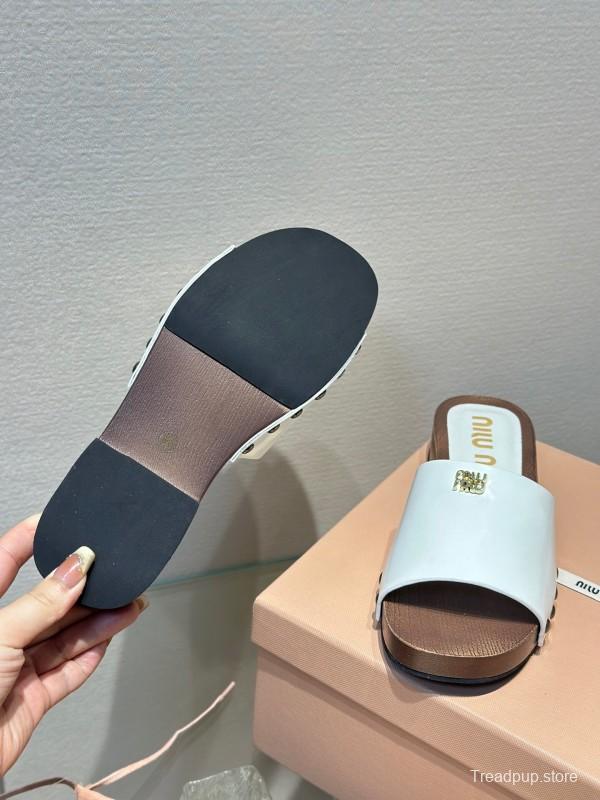2025 Women Miumiu White Leather Slippers