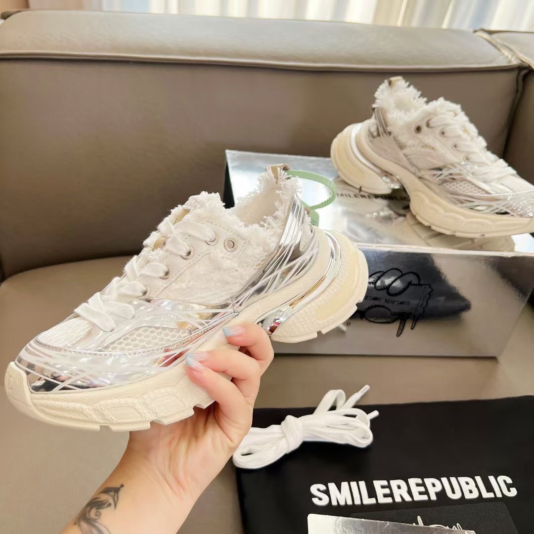 2025 Unisex Smilerepublic White Silver Mesh Leather Fur Sneakers