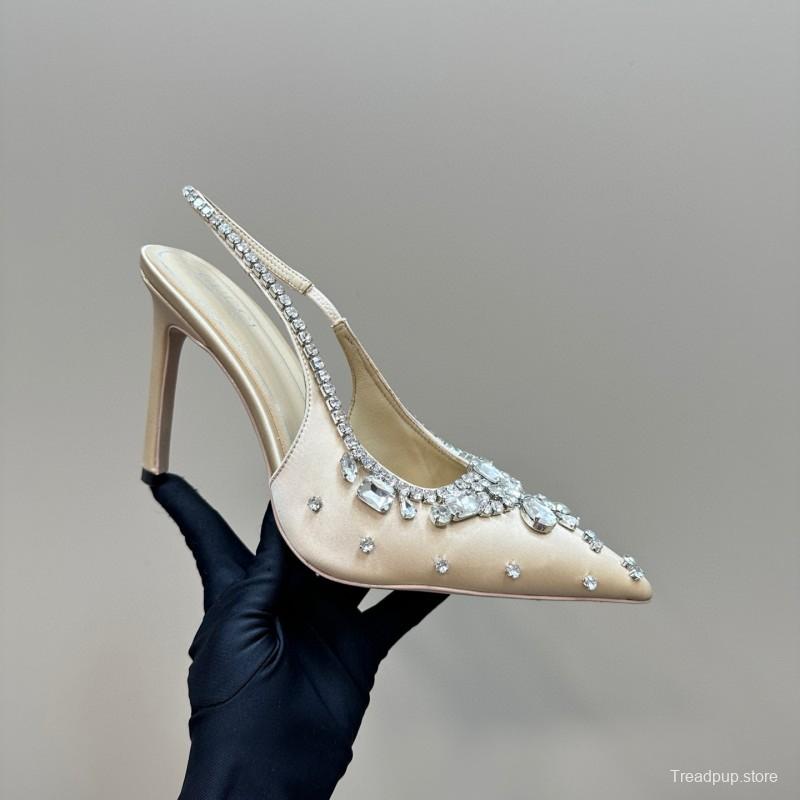 2025 Women Gucci Beige Silk Crystal Embellished Slingback Heels MJ00340