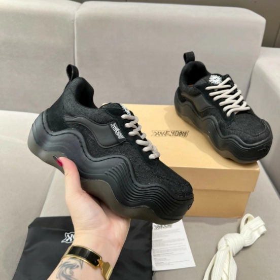 2025 Unisex HEYDAY Black Canvas Leather Wave Sneakers KFY00260