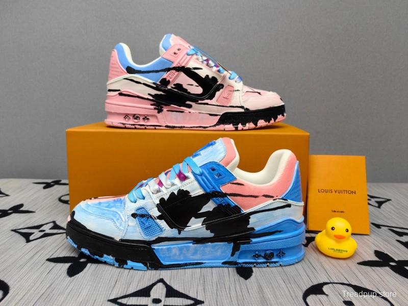 2025 Unisex Louis Vuitton Pink Blue Leather Canvas Plimsolls Hand Painted KFY00620