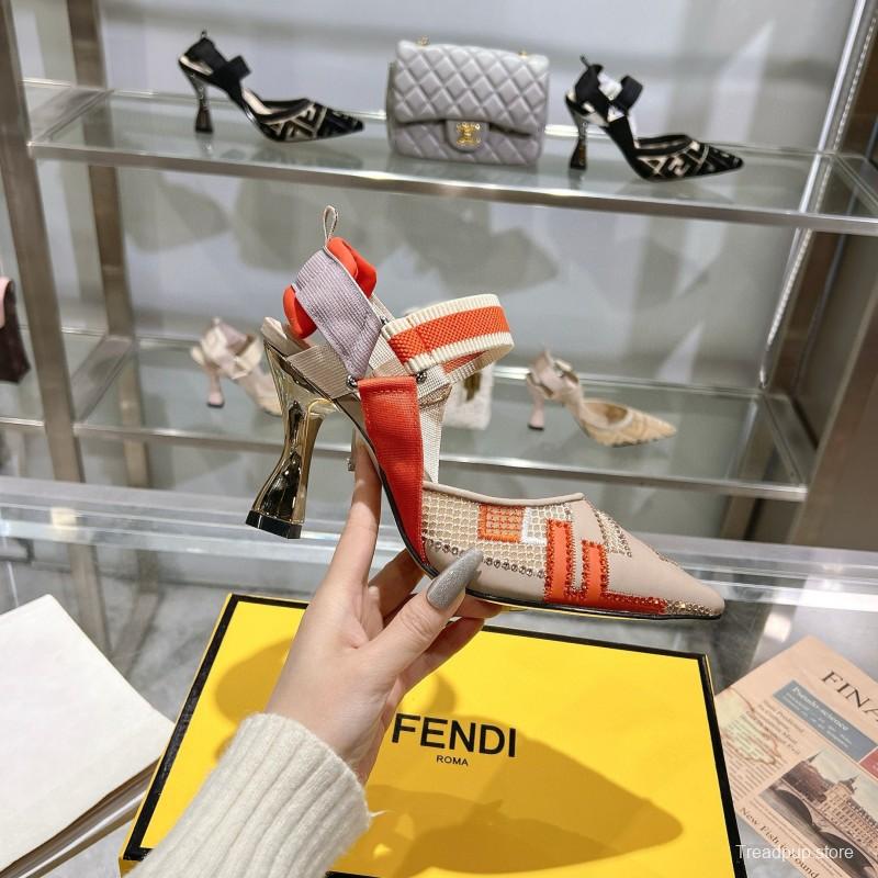 2025 Women Fendi Beige Orange Leather Fabric High Heels MJ00280