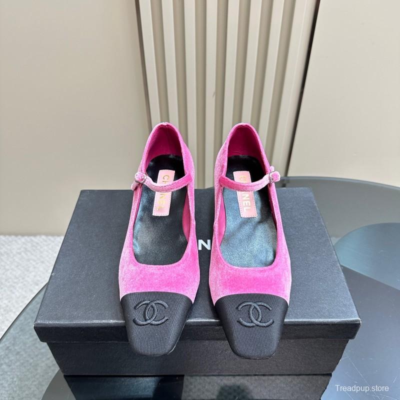 2025 Women Chanel Pink Black Velvet Mary Jane Shoes