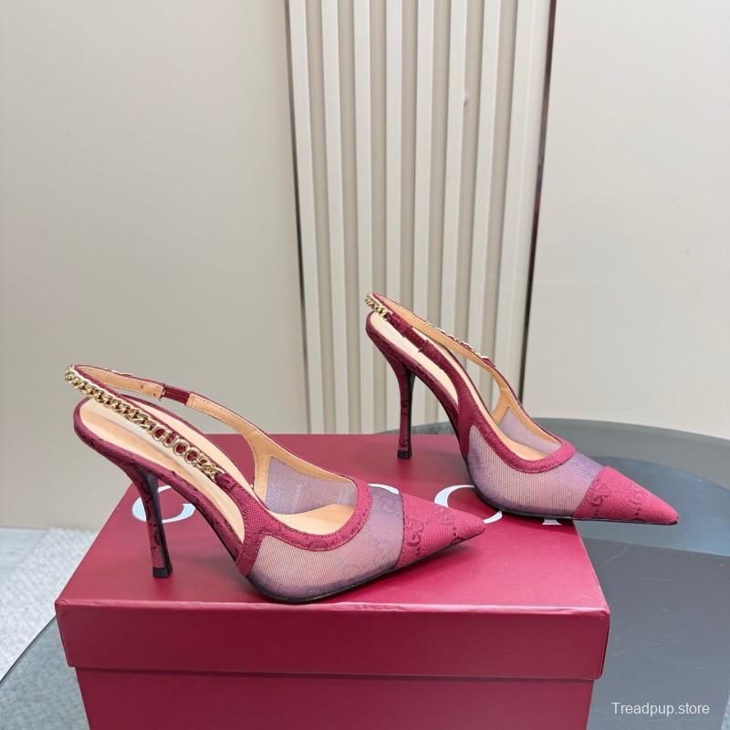 2025 Women Gucci Burgundy Mesh Chain Detail Slingback Pumps KFY00300(F)