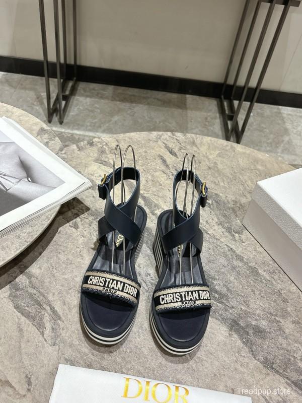 2025 Women Dior Black Leather Sandals Christian Dior Logo KFY00280