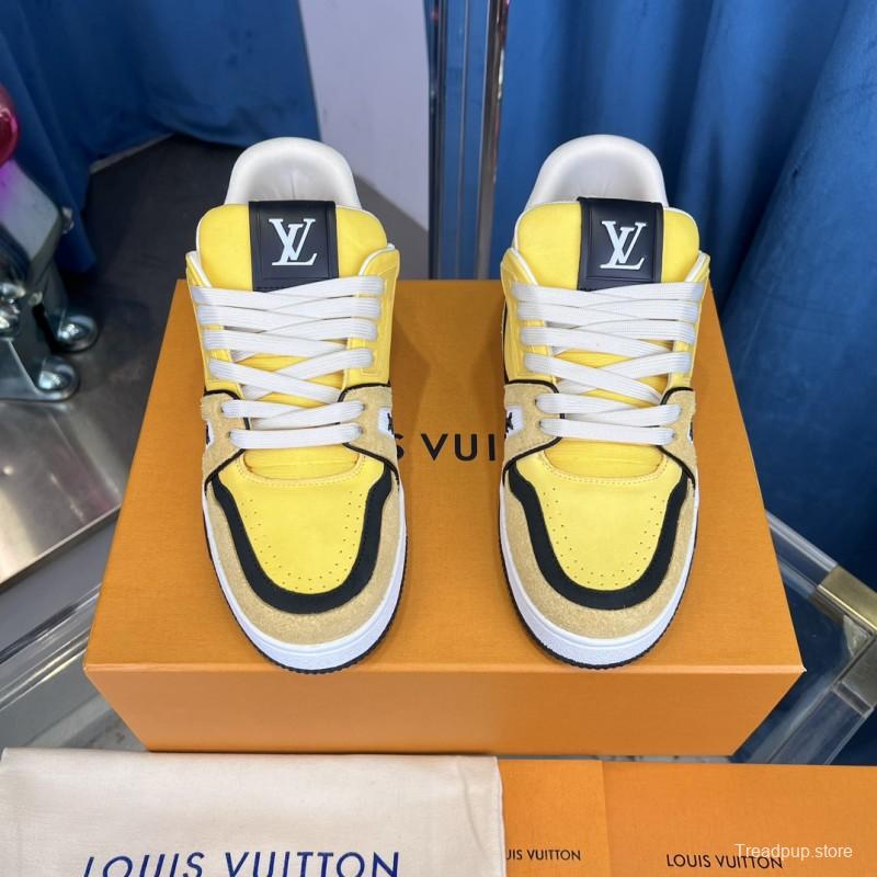 2025 Men Louis Vuitton Yellow Black Leather Suede Sneakers