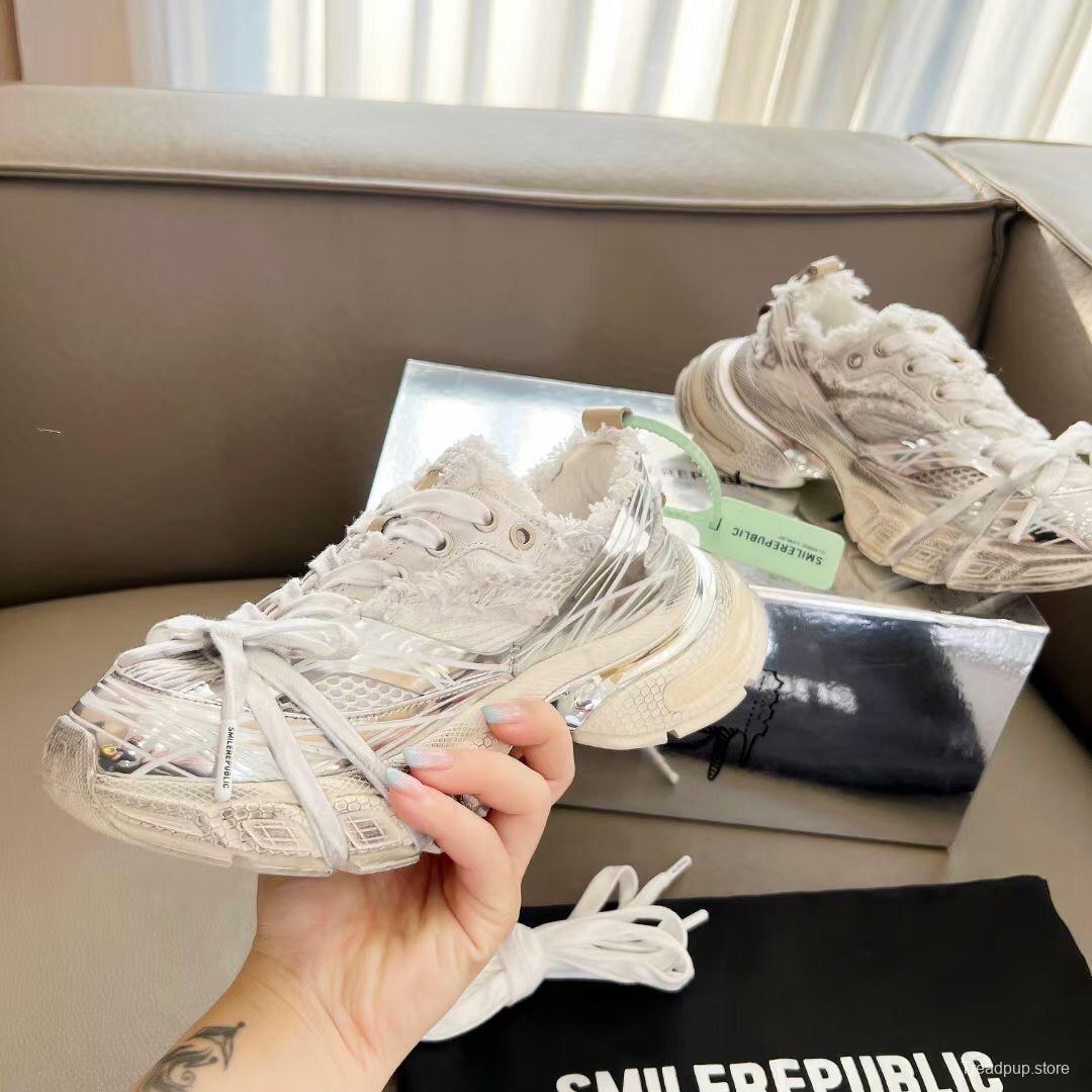 2025 Women Smile Republic White Silver Mesh Leather Sneakers