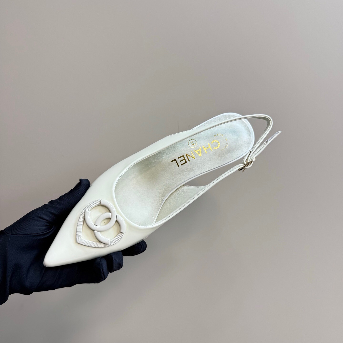 2025 Women Chanel White Patent Leather Slingback Pumps