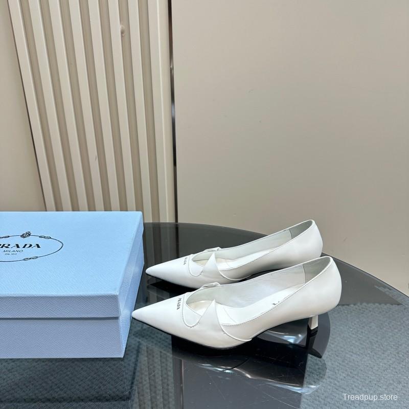 2025 Women Prada White Leather Pointed Toe Kitten Heel Pumps KFY00310