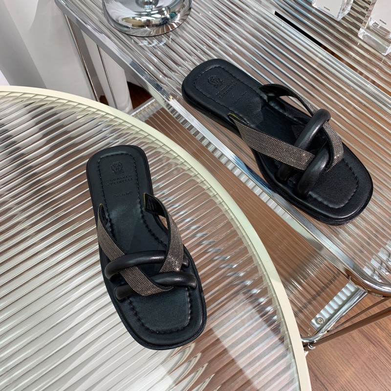 2025 Women Brunello Cucinelli Black Leather Flat Slides With Handwoven Beaded Straps KFY00300 (F)