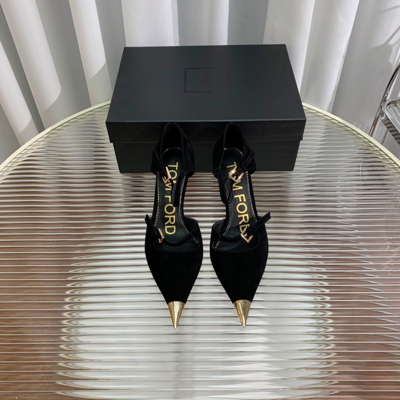2025 Women TOM FORD Black Gold Suede Leather Pointed Pumps KFY00320