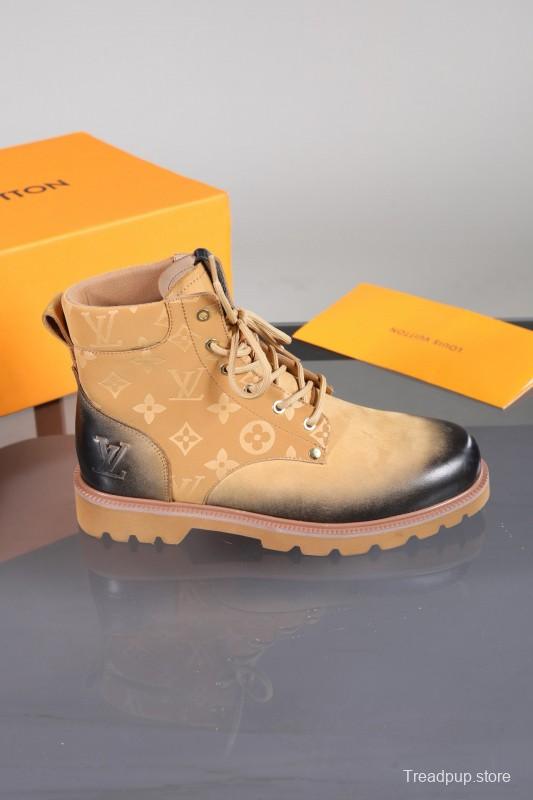 2024 Men Louis Vuitton Beige Black Leather Canvas Boots MJ00470