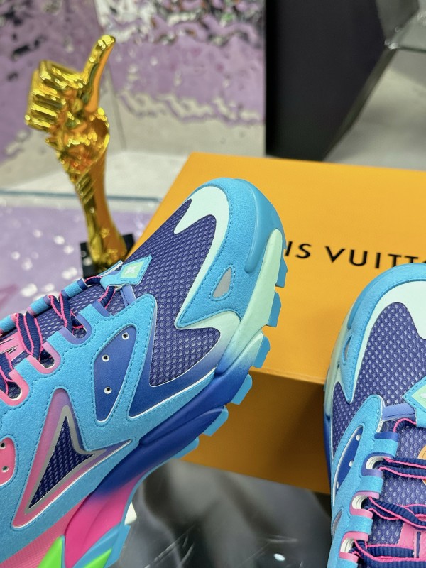 2025 Men Louis Vuitton Blue Pink Green Mesh Leather Sneakers MJ00420