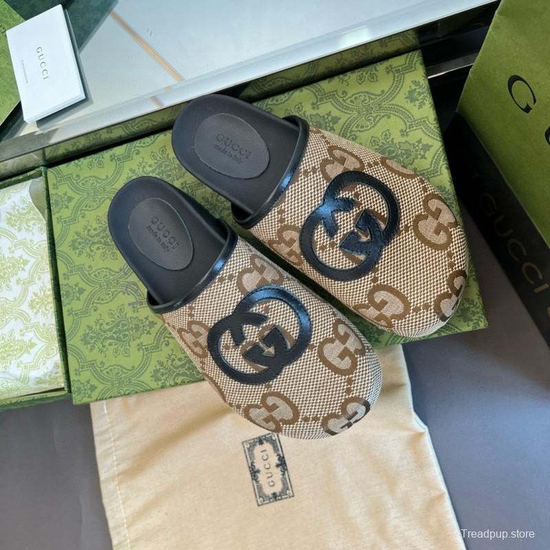 2024 Unisex Gucci Beige Brown Leather Slippers GG Pattern MJ00280