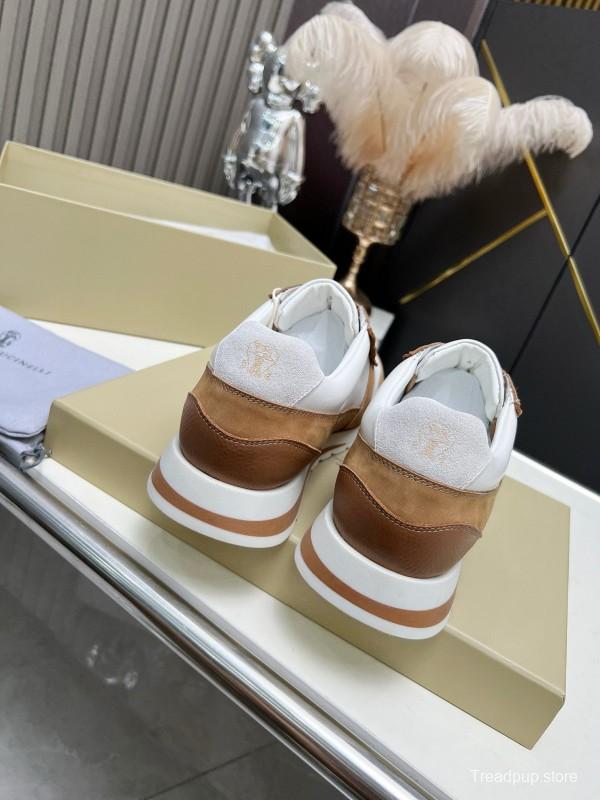 2024 Unisex Brunello Cucinelli White Brown Suede Leather Sneakers MJ00360