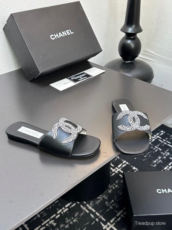 2025 Women Chanel Black Leather Rhinestone Logo Slide Sandals LY00360(F)