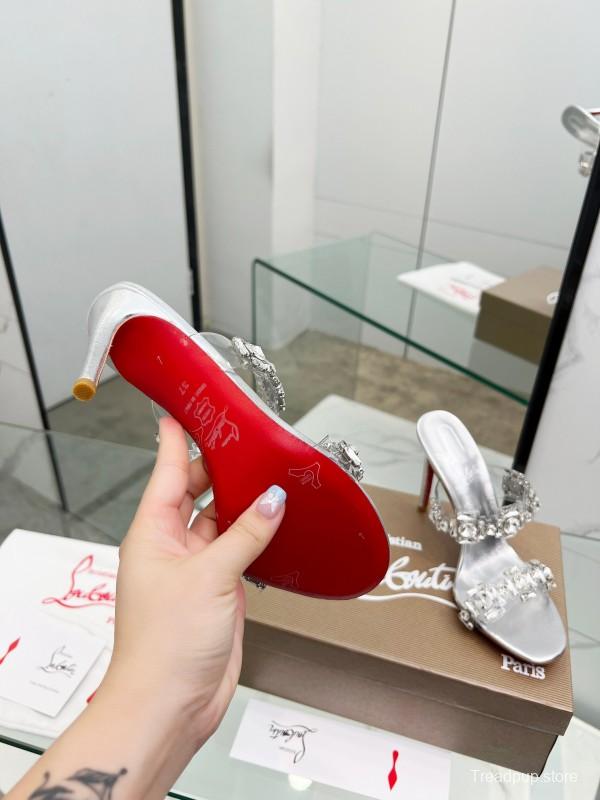2025 Women Christian Louboutin Silver Leather High Heel Sandals Diamond Decoration LY00300