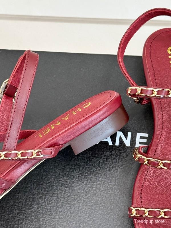 2025 Women Chanel Red Lambskin Chain Strap Sandals