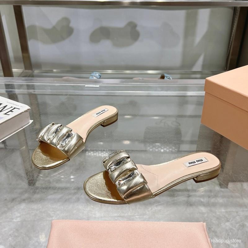 2025 Women Miumiu Metallic Leather Slippers