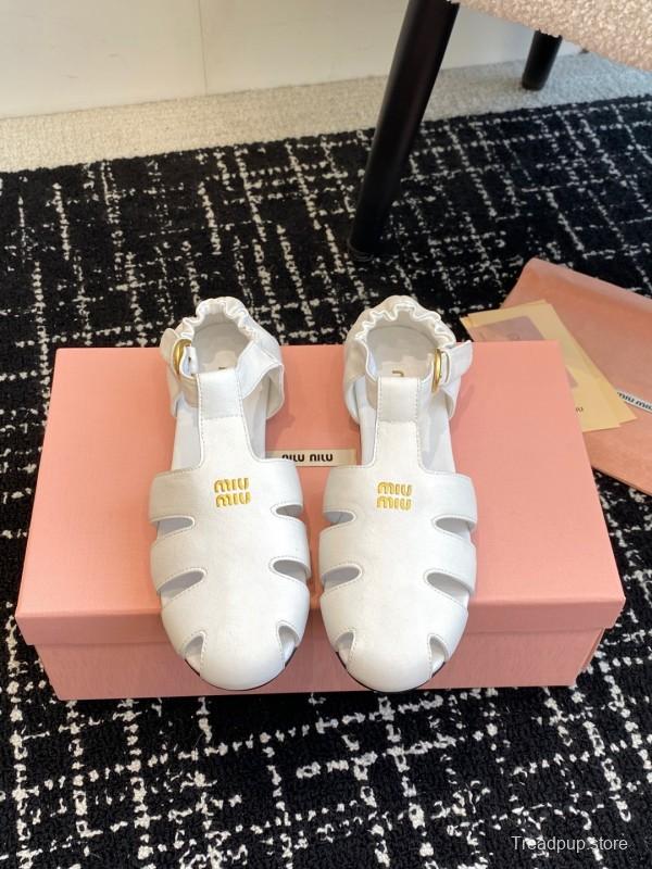 2025 Women Miu Miu White Calf Leather Flat Sandals